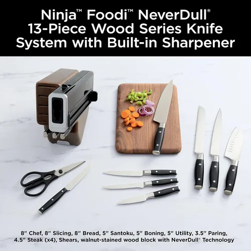 Vista 2 de Ninja K52013 Foodi NeverDull Premium - Juego de 13 cuchillos de acero inoxidable alemán serie Wood con afilador integrado, color nogal/negro