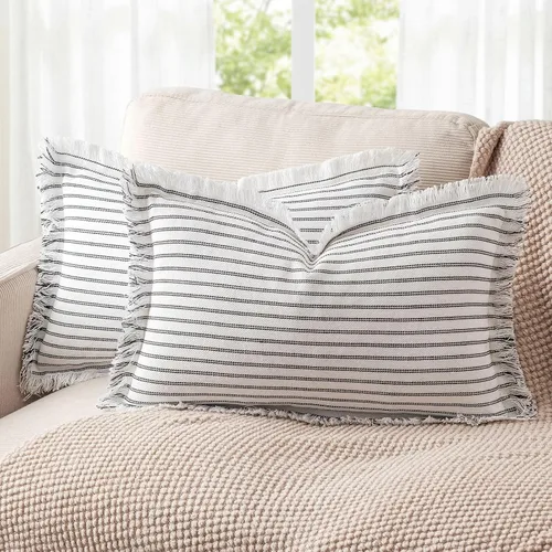 Vista 17 de Fundas de almohada ZWJD de 16 x 16 pulgadas, juego de 2 fundas de almohada a rayas con borlas, fundas de almohada de algodón chic, fundas de cojín