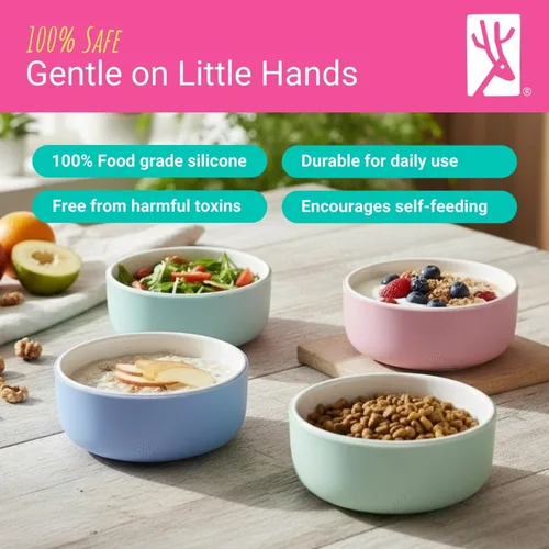 Vista 3 de Elk and Friends Cuencos de porcelana para niños con manga de silicona Alimentación para niños/niños pequeños/bebés Apto para microondas
