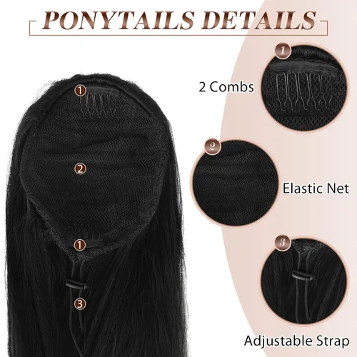 Vista 4 de FESHFEN Extensiones de cola de caballo rectas, colas de caballo largas con cordón, cola de caballo sintética con clip para mujer, color negro