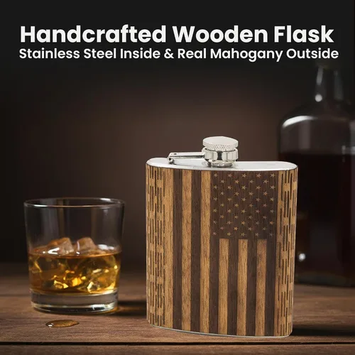 Vista 2 de WUDN Frasco de madera de 6 oz. - Cuerpo de acero inoxidable, bandera americana real