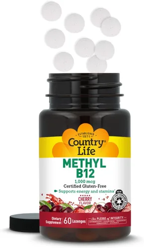 Vista 8 de Country Life Metil B12, soporta energía y resistencia, 1000 mcg, 60 pastillas, certificado sin gluten, certificado vegano