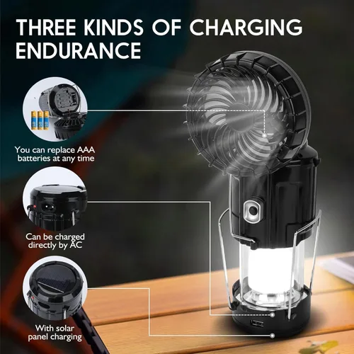 Vista 2 de Linterna Solar Portátil con Ventilador Recargable Actualizada 2025 - Linterna LED de Campamento Plegable y Liviana para Cortes de Energía, Linterna