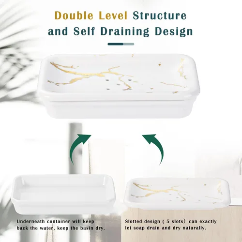 Vista 4 de Shinowa Jabonera de cerámica, soporte doble para jabón con drenaje, jabonera autodrenante de porcelana, soporte para jabón en barra para ducha