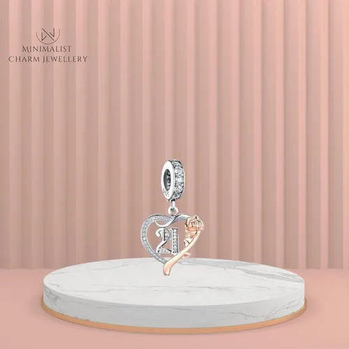 Vista 3 de Abalorio colgante de corazón con flor de plata de ley 925 de cumpleaños con corazón de cumpleaños apto para pulsera, Plata esterlina, Sin gemas.