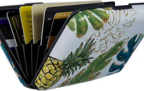 Vista 6 de Elfish Mini RFID Cartera de aluminio para tarjetas de crédito, funda de identificación de metal para hombres y mujeres, Pineapple), CX1002