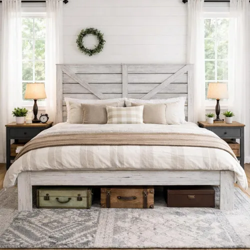 Vista 8 de Base de cama de tamaño matrimonial con cabecero, plataforma de estilo granja con luces LED, carga USB, sin somier, fácil montaje, marco de cama