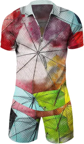 Vista 3 de Conjunto deportivo de 2 piezas para hombre, camiseta polo y pantalón corto, con cremallera de un cuarto, casual, elegante, grande y alto