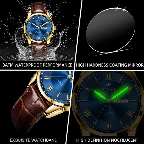 Vista 5 de Mens Watches Luxury Dress Waterproof Leather Watch with Date Day Analog Quartz Large Number Wrist Watch Casual Classic Luminous Scales Big Face Easy