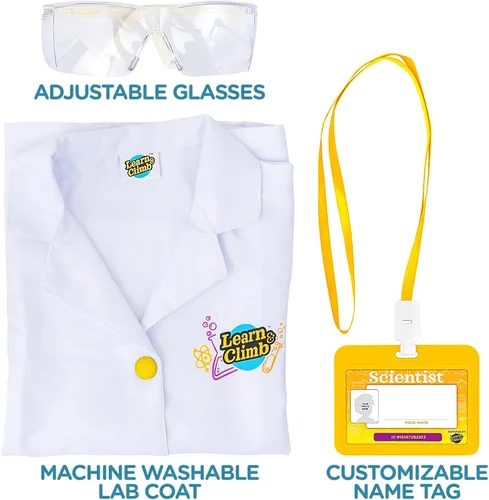 Vista 2 de Learn & Climb Abrigo de laboratorio para niños, kit de disfraz de laboratorio científico infantil con gafas y tarjeta de identificación