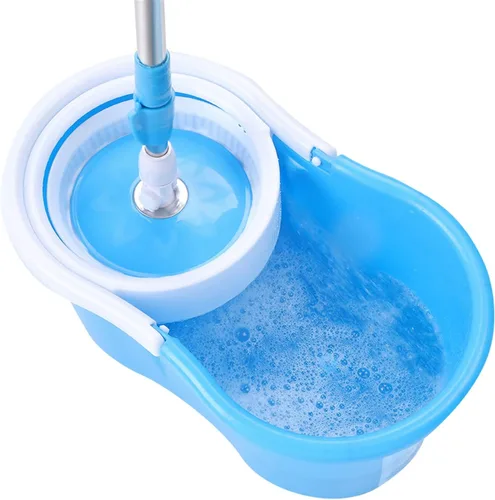 Vista 2 de Sistema de limpieza de piso de fregona, cabezal giratorio de 360 grados, ultratrapeador elástico, juego de cubos, azul, cabezal de microfibra, mango