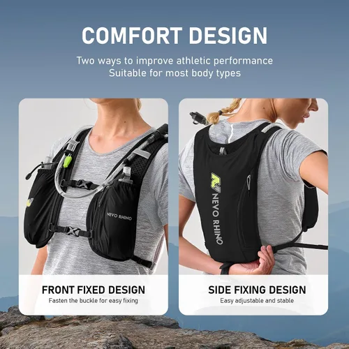 Vista 4 de N NEVO RHINO Chaleco para correr, chaleco de hidratación de 5 litros con vejiga de agua de 1.5 L, mochila de hidratación ligera para senderismo