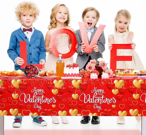 Vista 7 de WovWeave Mantel de plástico de 3 piezas de San Valentín, diseño de corazón rojo y dorado, para el Día de San Valentín, desechable, rectangular