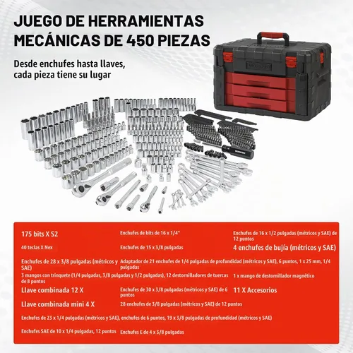 Vista 3 de WORKPRO Juego de 450 piezas de llaves de vaso de 1/2" 1/4" 3/8", CR-V métricas e imperiales con llave de trinquete de liberación rápida, llaves