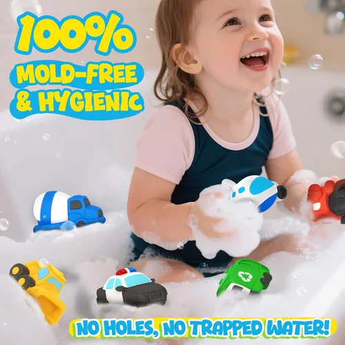 Vista 6 de Zippytots 6 juguetes de baño flotantes para vehículos, sin moho, juguetes de bañera para niños de 12 meses, juguetes de bañera sin agujeros