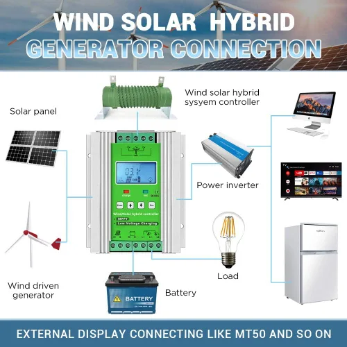 Vista 3 de Controlador de carga híbrido solar eólico de 1000 W, regulador de carga MPPT de 12 V/24 V, regulador de carga con pantalla LCD y carga de descarga