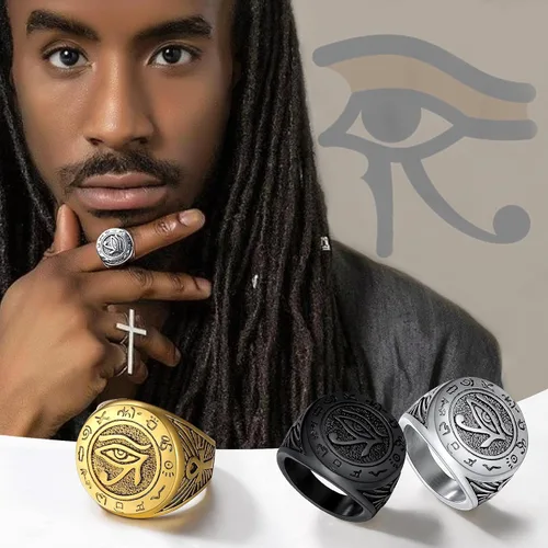 Vista 4 de U7 Jewelry Ankh Rings Ancient Egyptian Eye of Ra Horus Ring Stainless SteelGold PlatedBlack Color Egypt Symbol Rings for Men Women