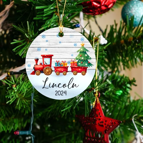 Vista 4 de Adorno de tren de Navidad, adorno de tren personalizado para decoración de árbol de Navidad, adorno personalizado de tren de amor para niños
