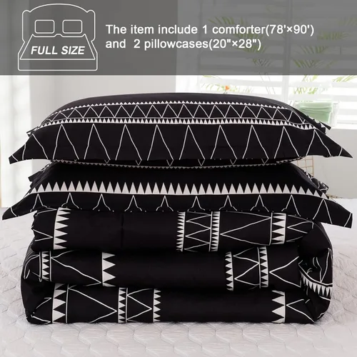 Vista 5 de WONGS BEDDING Juego de edredón negro tamaño matrimonial, edredón reversible bohemio a rayas de plumón alternativo para cama matrimonial, 3 piezas
