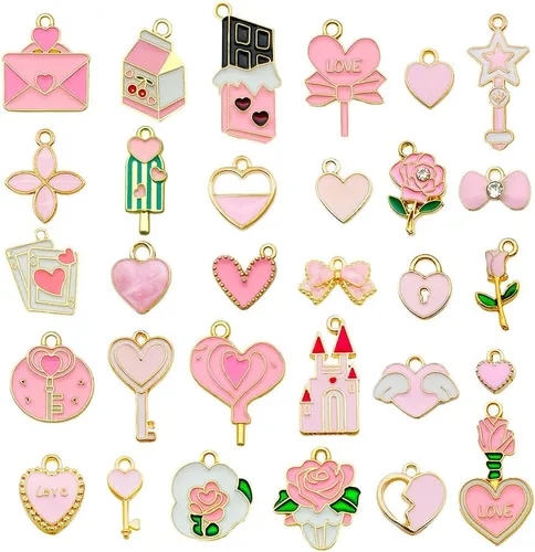 Vista 20 de WOCRAFT 24 dijes de pulsera de corazón de amor para hacer joyas, San Valentín, boda, rosa, flor, para bricolaje, collares, llaveros y suministros
