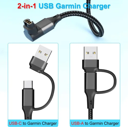 Vista 2 de Paquete de 2 cables de carga 2 en 1 para reloj Garmin de 3.3 pies, cable de carga USB con tipo C para Fenix 8 7 7X 6 Pro, Forerunner 970 965 570 265