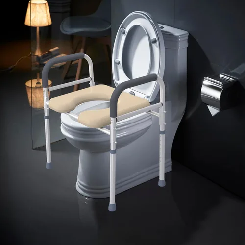 Vista 6 de Asiento de inodoro elevado con brazos y cojín suave en forma de U, 400 libras, 25.4 pulgadas de ancho, altura ajustable, asiento elevado, asiento