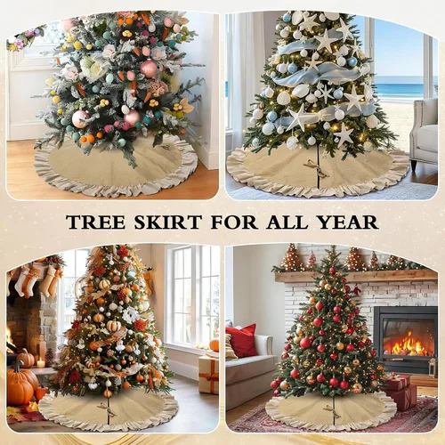 Vista 8 de Falda de Árbol de Navidad de Otoño de Arpillera con Borde de Volantes, 122 cm de Lino Rústico para Decoración de Granja, Adornos de Navidad