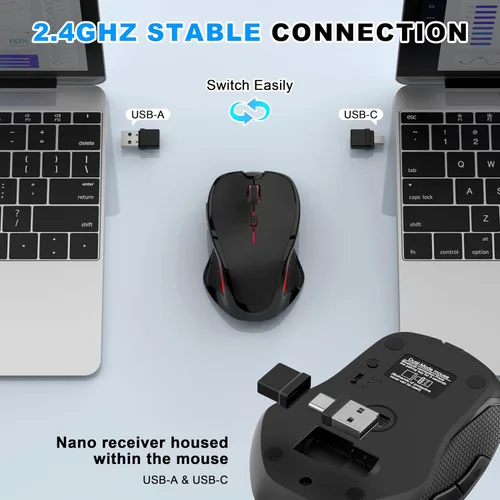 Vista 6 de Ratón inalámbrico Bluetooth para MacBook, laptop, iPad Air/Pro, mouse óptico silencioso recargable con Jiggler, modo dual Bluetooth 5.2/3.0 y 2.4G
