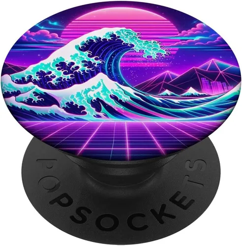 Vista 6 de Futuristic Cyberpunk Vaporwave Synthwave Great Wave Hokusai PopSockets MagSafe PopGrip for iPhone