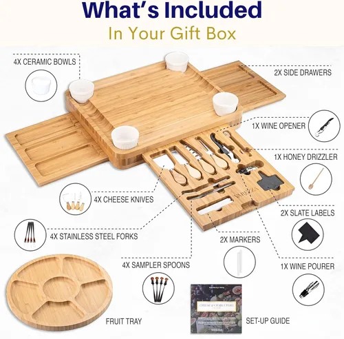 Vista 3 de Juego de tablas de charcutería – Tabla grande de queso de bambú y plato con accesorios de charcutería, regalos de inauguración de la casa