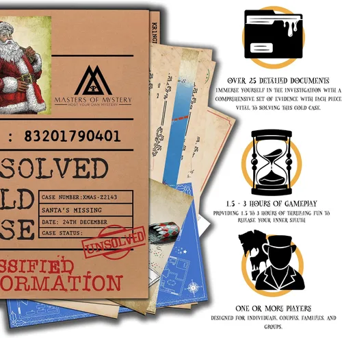 Vista 3 de Masters of Mystery Unsolved Christmas Cold Case File Game – ¿Dónde está Santa? – Juego de investigación criminal de detective navideño para adultos