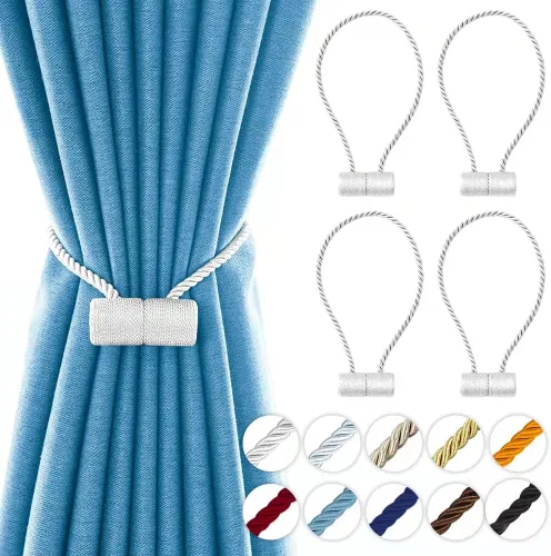 Vista 12 de Alzapaños magnéticos fuertes de 18 pulgadas, sujetadores de cortina modernos, estilo trenzado, cuerda decorativa para cortinas (2 unidades, beige)