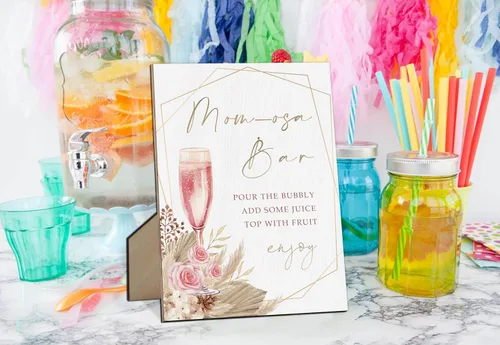 Vista 3 de Mom-osa Bar Baby Shower Letrero bohemio floral de género neutro con soporte, letrero de juego de madera para baby shower, cumpleaños, decoración