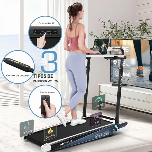Vista 2 de ANCHEER Caminadora con escritorio, caminadora plegable de 3.5 HP con 15% de inclinación y barra de mango, ultra silenciosa, capacidad de 450 libras