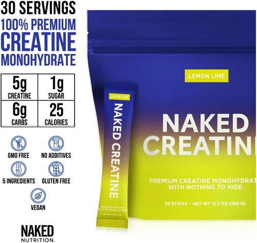 Vista 3 de NAKED Sobres de Creatina Monohidrato de Limón Lima Micronizada Pura, Vegano, Sin OGM, Sin Gluten, Sin Soja. Ayuda a las Ganancias de Fuerza, Sin