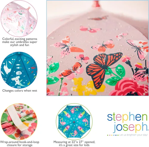 Vista 7 de Stephen Joseph Kids' Color Changing Wet Dry Umbrella, Water reacting, Pinch Free Umbrellas for Rain Children's Umbrella, BUTTERFLY, 23"X29