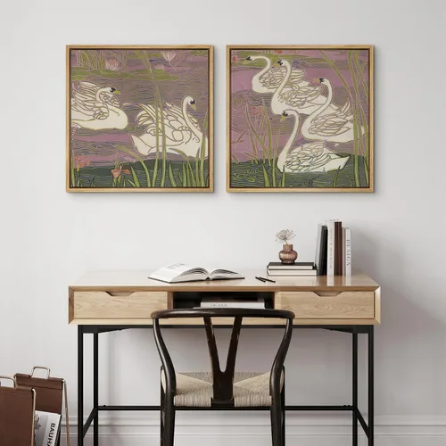 Vista 3 de SIGNFORD Impresión en Lienzo Enmarcado Arte de Pared Art Nouveau Lago de Cisnes Elegantes Ilustraciones de Aves Acuáticas Moderno Boho Naturaleza