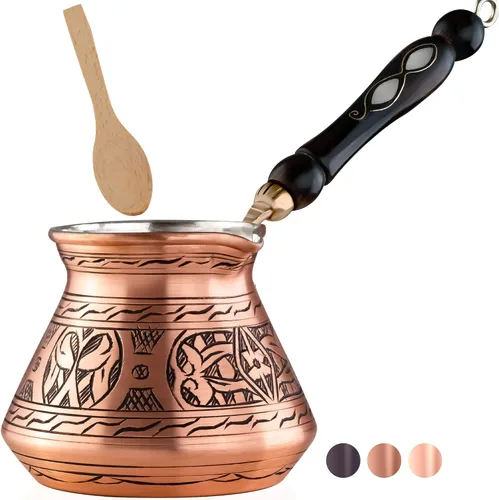 Vista 10 de BCS Cezve Briki Ibrik - Cafetera de cobre grande de 18 onzas con mango de madera (6 porciones), cafetera para estufa Cezve Briki Ibrik