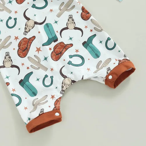 Vista 5 de Omkzanbi Ropa de verano para bebé del oeste, ropa de verano retro con estampado de vaca, mameluco sin mangas, lindo mono de vaquero de campo de 0-18