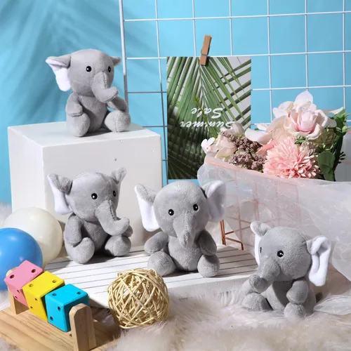 Vista 7 de Skylety 4 piezas de animales de peluche pequeños y lindos elefantes, animales del bosque suaves para baby shower, niños y niñas, revelación