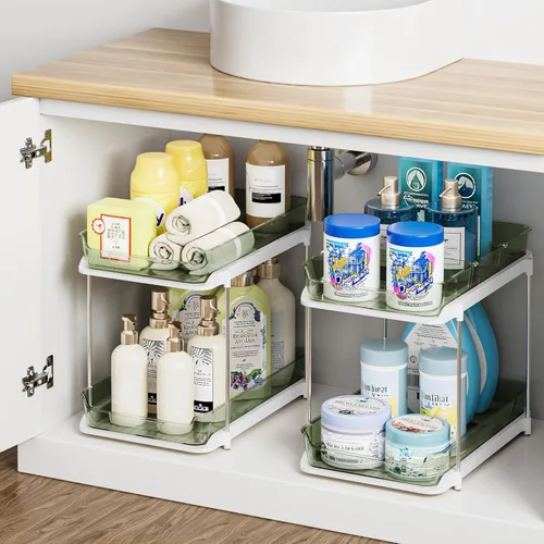 Vista 11 de Delamu Organizadores y Almacenamiento Multiusos de 2 Niveles para Debajo del Fregadero del Baño, Organización Apilable de Despensa de Cocina