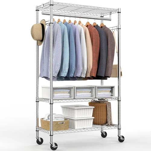 Vista 14 de M MZG Perchero resistente con ruedas de 3 niveles de alambre ajustable con 3 varillas y ganchos laterales, estante de ropa para armario, color Negro