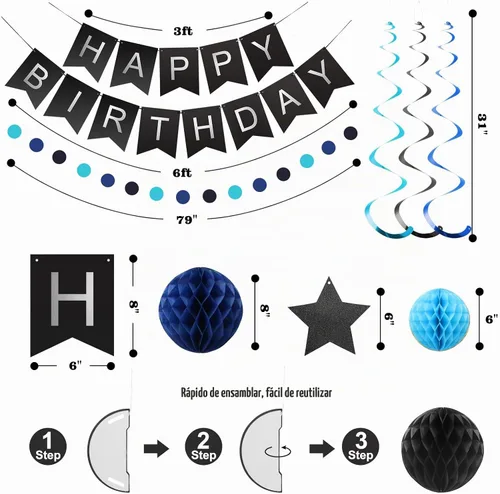 Vista 7 de meowtastic Birthday Decorations Happy Birthday Banner with Honeycomb Balls Negro y azul