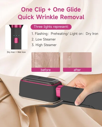 Vista 3 de J&J EASIER, FASTER Vaporizador de plancha de viaje 3 en 1 para ropa, 1000 W, calentamiento rápido de 20 segundos, rotación de 180°, abrazadera