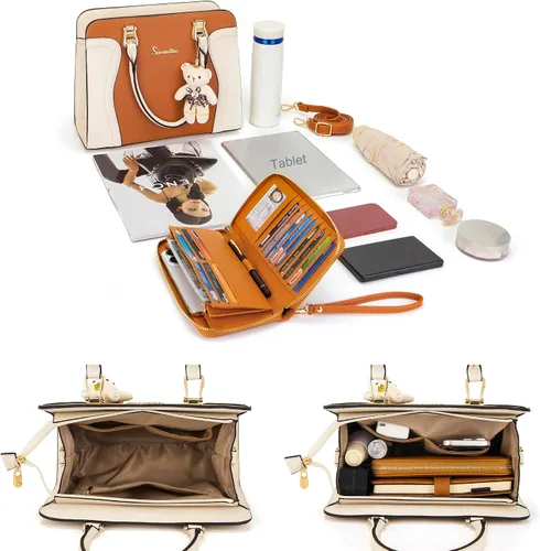 Vista 5 de Soperwillton Monederos para mujer, bolso cruzado de hombro, asa superior, bolsa de mano, cartera, juego de 3 piezas beige/marrón