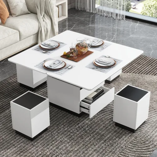 Vista 16 de RUNNA Mesa de centro elevable, mesa de centro elevable con 1 cajón de almacenamiento y estante, sofá de madera ajustable para té, mesa de centro