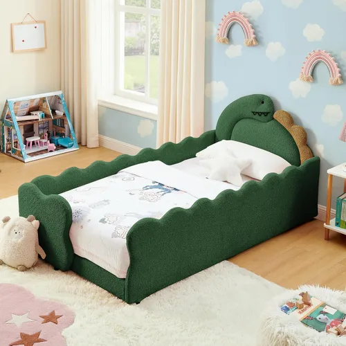 Vista 3 de Cama infantil con forma de dinosaurio de tamaño individual con barandilla de seguridad, marco de cama de piso de madera maciza para niños