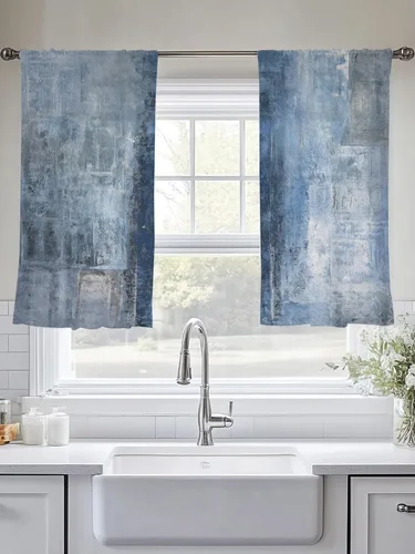 Vista 5 de Cortinas traslúcidas azules abstractas de 84 pulgadas de largo, juego de 2 paneles y cortinas semicortinas grises con bolsillo para barra de cocina