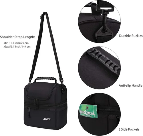 Vista 6 de MIER Lonchera para adultos, bolsa de almuerzo aislada, bolsa grande para mujeres, enfriador de doble cubierta, camuflaje (grande) y negro (mediano)