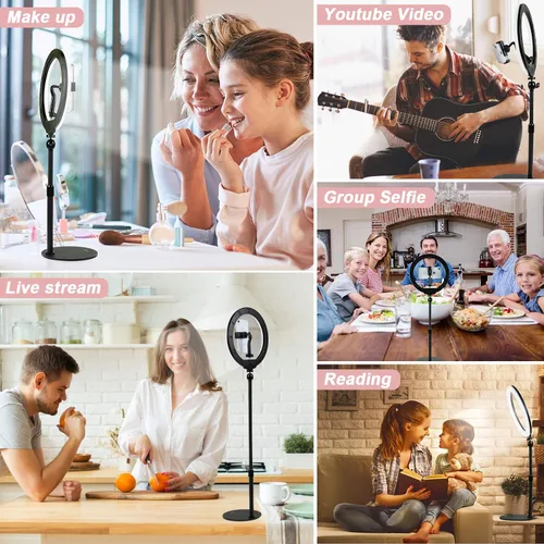 Vista 5 de Anillo de luz para selfie de escritorio de 10 pulgadas con soporte y soporte para teléfono para iPhone Android, 3 modos de luz regulable LED